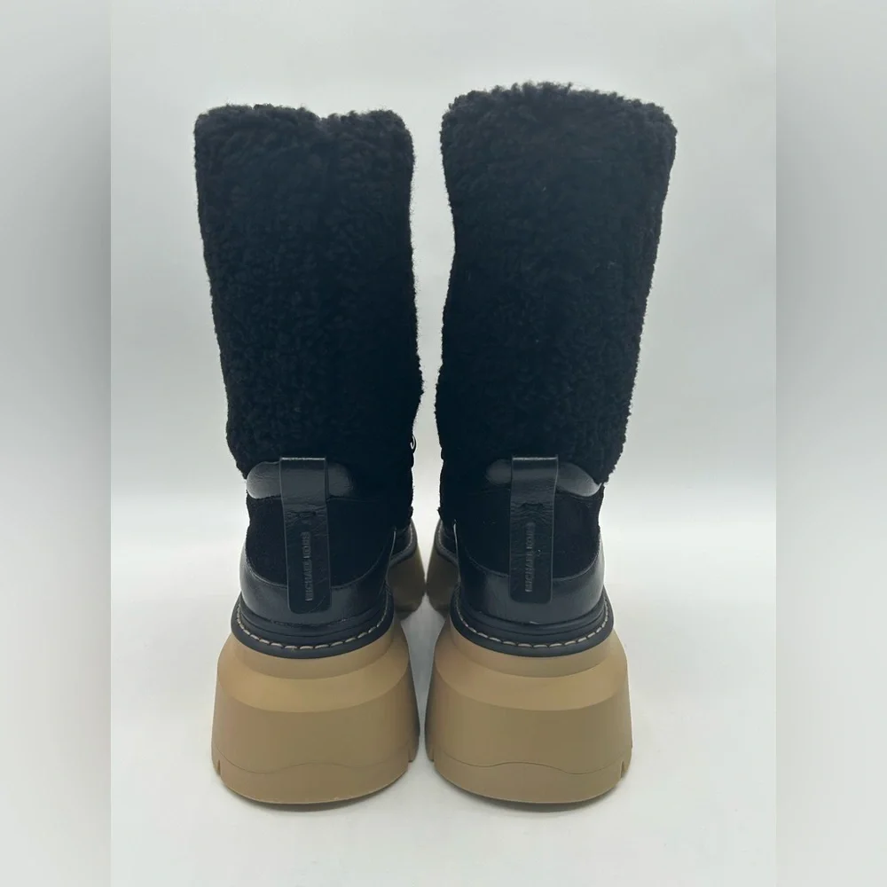 Michael Kors Shiloh Black Leather Faux Shearling Lug Sole Boots US 8.5 NWB